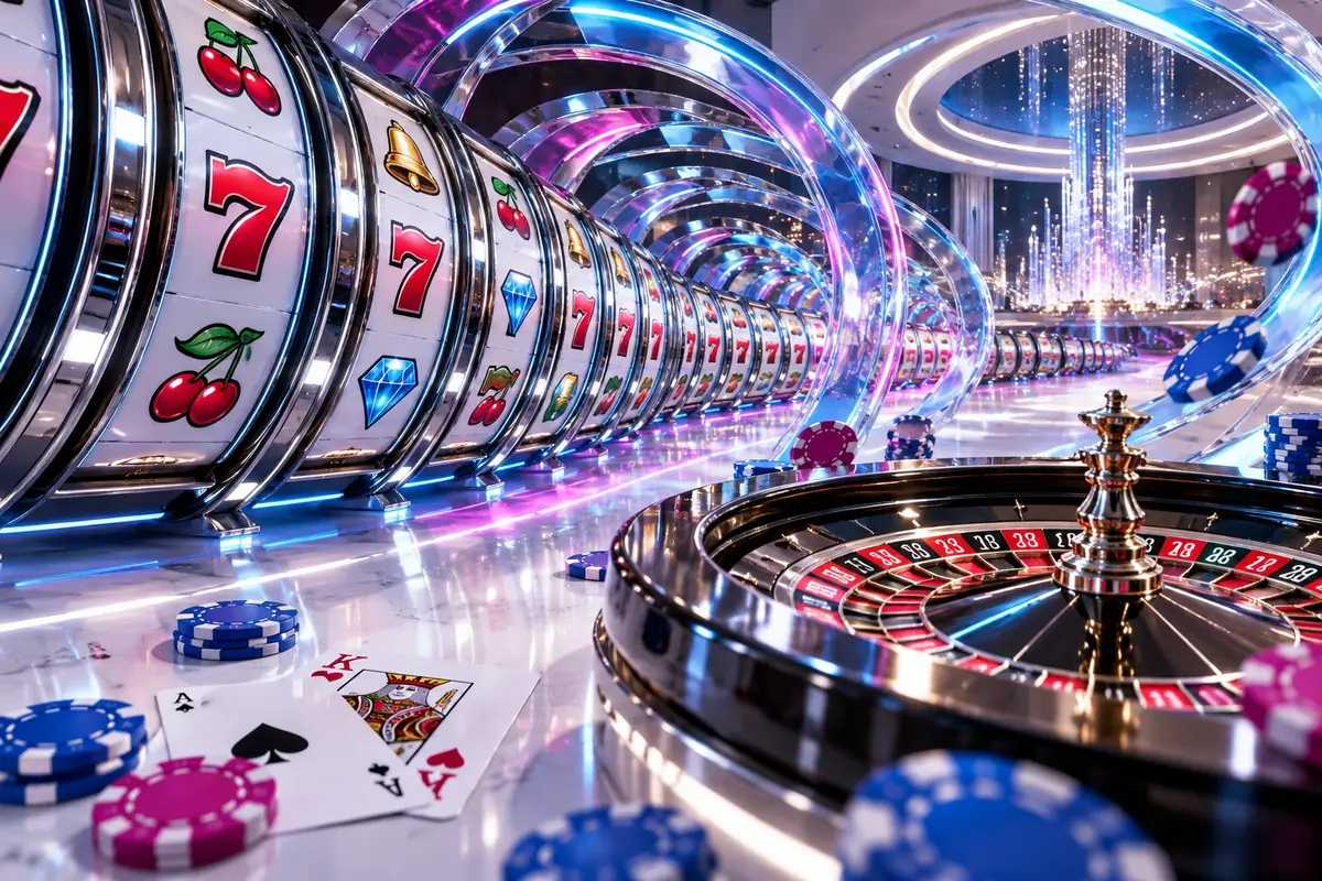 Bright casino signal tunnel with slot reels, roulette wheel, cards and gaming chips